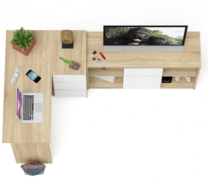 Мори Стол компьютерный МС-16 правый + Тумба МТВ1204.1, цвет дуб сонома/белый, ШхГхВ 244,8х84,9х76,6 см., выдвижные ящики справа, НЕ универс. сборка