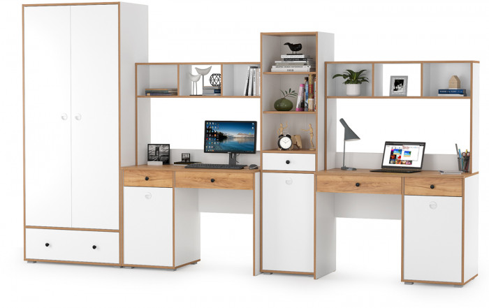 Вуди Компоновка № 32, цвет белый премиум/дуб крафт золотой, ШхГхВ 351х52,7х205 см., универсальная сборка