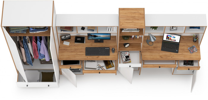 Вуди Компоновка № 32, цвет белый премиум/дуб крафт золотой, ШхГхВ 351х52,7х205 см., универсальная сборка