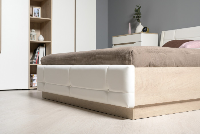 Муссон Спальня № 06, цвет белый/дуб эндгрейн элегантный/искусственная кожа белая, подъёмный ортопед, сп. м. 1600х2000 мм., б/м