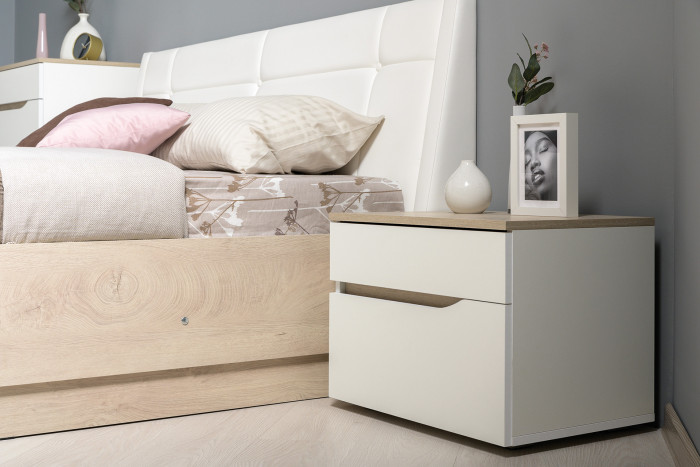 Муссон Спальня № 06, цвет белый/дуб эндгрейн элегантный/искусственная кожа белая, подъёмный ортопед, сп. м. 1600х2000 мм., б/м