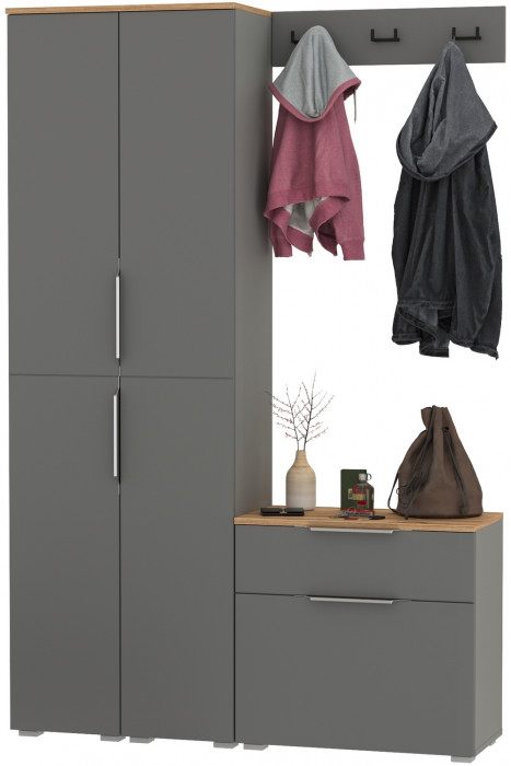 Октава Прихожая 19, цвет серый графит/дуб крафт золотой/фасады МДФ серый графит, ШхГхВ 129,3х35,4х197,6 см., универсальная сборка