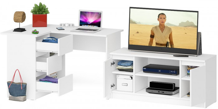 Мори компьютерный стол МС-16 левый + Тумба МТВ1200.1, белый