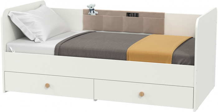 Джастин 11.55 Кровать + Накладка-карман, цвет белый шагрень/ткань серо-бежевая, ШхГхВ 163,8х84х70,6 см., сп. м. 800х1600 мм., б/м, основание есть