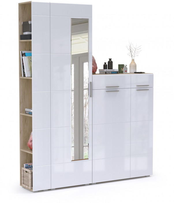 Лайн Прихожая № 12, цвет дуб крафт серый/фасады МДФ белый глянец, ШхГхВ 167х35х210 см., универсальная сборка