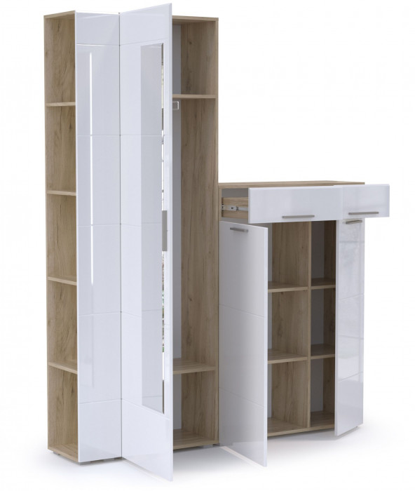 Лайн Прихожая № 12, цвет дуб крафт серый/фасады МДФ белый глянец, ШхГхВ 167х35х210 см., универсальная сборка