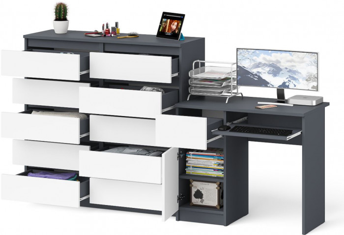 Мори Стол компьютерный МС-1 левый + Комод МК1200.10, цвет графит/белый, ШхГхВ 210,4х50х115 см., выдвижной ящик слева, НЕ универсальная сборка