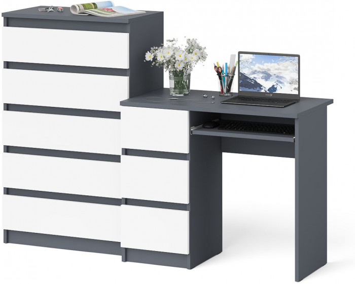 Мори Стол компьютерный МС-6 левый + Комод МК700.5, цвет графит/белый, ШхГхВ 160,4х50х114 см., выдвижные ящики слева, НЕ универсальная сборка