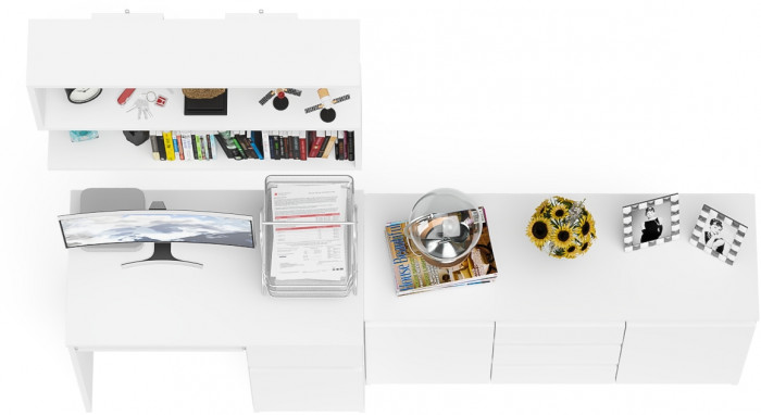 Мори Стол компьютерный МС-1 правый + Комод МК1200.3 + Полка 900, цвет белый, ШхГхВ 210,4х50х209,6 см., НЕ универсальная сборка