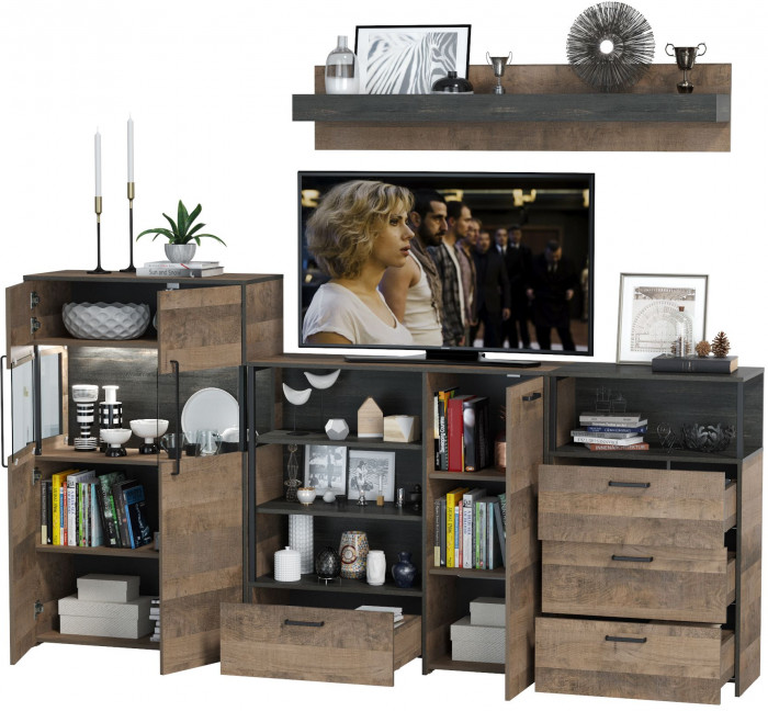 Трувор Гостиная 010, цвет дуб гранж песочный/интра, ШхГхВ 260,8х37х195 см., универсальная сборка