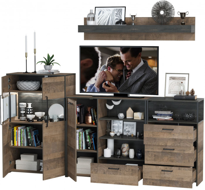 Трувор Гостиная 010, цвет дуб гранж песочный/интра, ШхГхВ 260,8х37х195 см., универсальная сборка