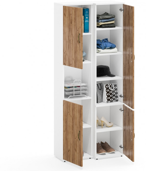 Лидер-8 Модуль Пенал + Пенал МД 22Б, цвет белый шагрень/крафт золото, ШхГхВ 80х37,5х190 см., универсальная сборка