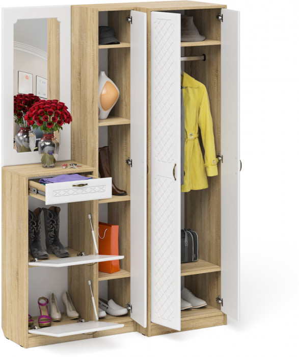 Прихожая П-6 Компоновка № 29, цвет дуб сонома/фасады МДФ белое дерево фрезеровка ромб, ШхГхВ 140х50х210 см., универсальная сборка