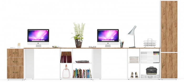 Лидер-8 Стол + Стол + Пенал МД 21Б + Тумба МД 3.16, белый шагрень/крафт золото