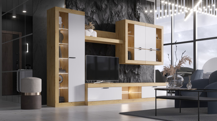 Прага Модульная Гостиная, вариант №2, Дуб Вотан/Белый глянец