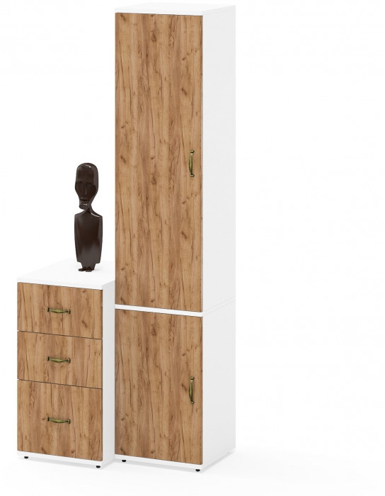 Лидер-8 Пенал МД 21Б + Тумба МД 3.16, цвет белый шагрень/крафт золото, ШхГхВ 80х50х190 см., универсальная сборка