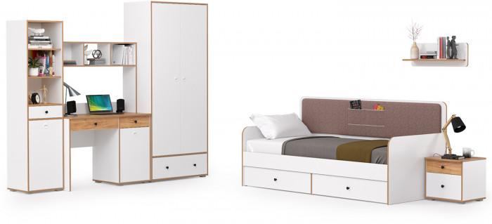 Вуди Компоновка № 35, цвет белый премиум/дуб крафт золотой/саванна латте, сп. м. 900х2000 мм., б/м, основание есть, матрас высотой до 200 мм.