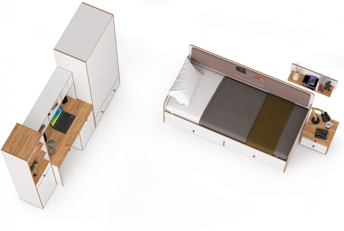 Вуди Компоновка № 35, цвет белый премиум/дуб крафт золотой/саванна латте, сп. м. 900х2000 мм., б/м, основание есть, матрас высотой до 200 мм.