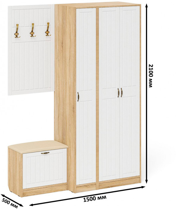 Прихожая П-6 Компоновка № 47, цвет дуб сонома/фасады МДФ белое дерево фрезеровка прованс, ШхГхВ 150х50х210 см., универсальная сборка