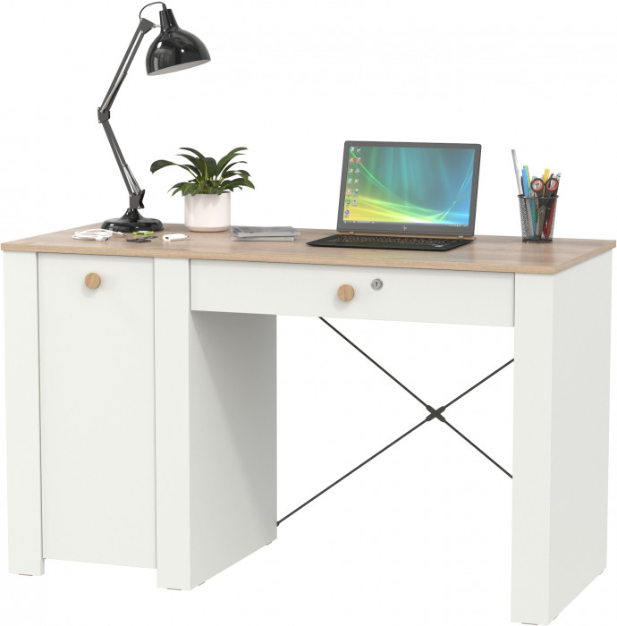 Джастин 12.154 Стол письменный, цвет белый шагрень/дуб белый эксклюзив, ШхГхВ 126,2х54,8х75,3 см., универсальная сборка