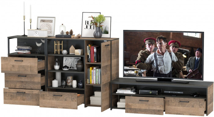 Трувор Гостиная 011, цвет дуб гранж песочный/интра, ШхГхВ 324,8х45,4х106,9 см., универсальная сборка