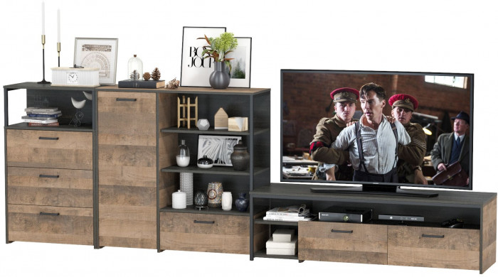 Трувор Гостиная 011, цвет дуб гранж песочный/интра, ШхГхВ 324,8х45,4х106,9 см., универсальная сборка