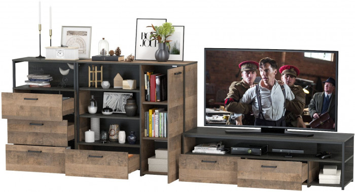 Трувор Гостиная 011, цвет дуб гранж песочный/интра, ШхГхВ 324,8х45,4х106,9 см., универсальная сборка