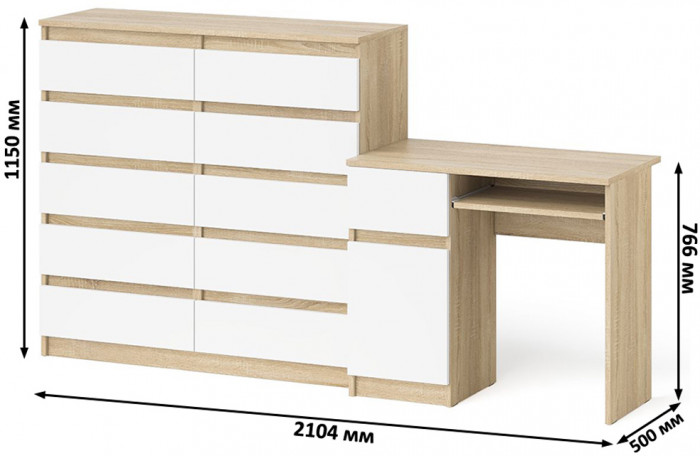 Мори Стол компьютерный МС-1 левый + Комод МК1200.10, цвет дуб сонома/белый, ШхГхВ 210,4х50х115 см., выдвижной ящик слева, НЕ универсальная сборка
