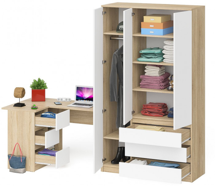 Мори Стол компьютерный МС-16 левый + Шкаф МШ1200.1, цвет дуб сонома/белый, ШхГхВ 244,8х84,9х209,6 см., выдвижные ящики слева, НЕ универсальная сборка