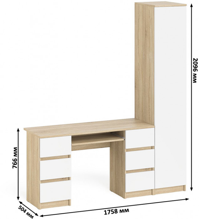 Мори Стол компьютерный МС-2 + Пенал МШ400.1, цвет дуб сонома/белый, ШхГхВ 175,8х50,4х209,6 см., универсальная сборка