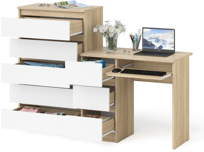 Мори Стол компьютерный МС-6 левый + Комод МК700.5, цвет дуб сонома/белый, ШхГхВ 160,4х50х114 см., выдвижные ящики слева, НЕ универсальная сборка