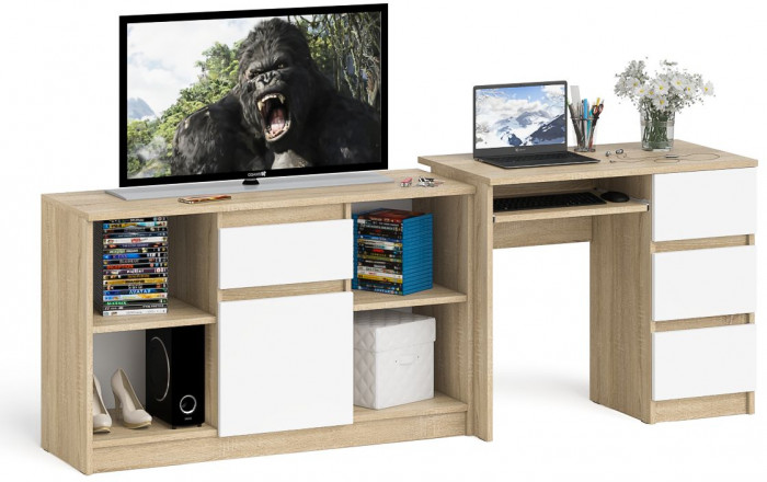Мори Стол компьютерный МС-6 правый + Тумба МТВ1204.1, цвет дуб сонома/белый, ШхГхВ 210,4х50х76,6 см., выдвижные ящики справа, НЕ универсальная сборка