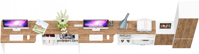 Лидер-8 Стол + Стол + Пенал МД 22Б + Тумба МД 3.15, цвет белый шагрень/крафт золото, ШхГхВ 410х50/37,5х75/190 или 230х160/50х75/190 см., НЕ ун. сб.