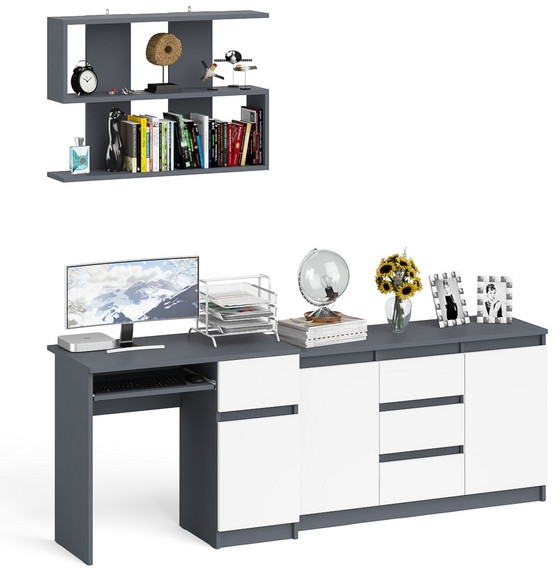 Мори Стол компьютерный МС-1 правый + Комод МК1200.3 + Полка 900, цвет графит/белый, ШхГхВ 210,4х50х209,6 см., НЕ универсальная сборка
