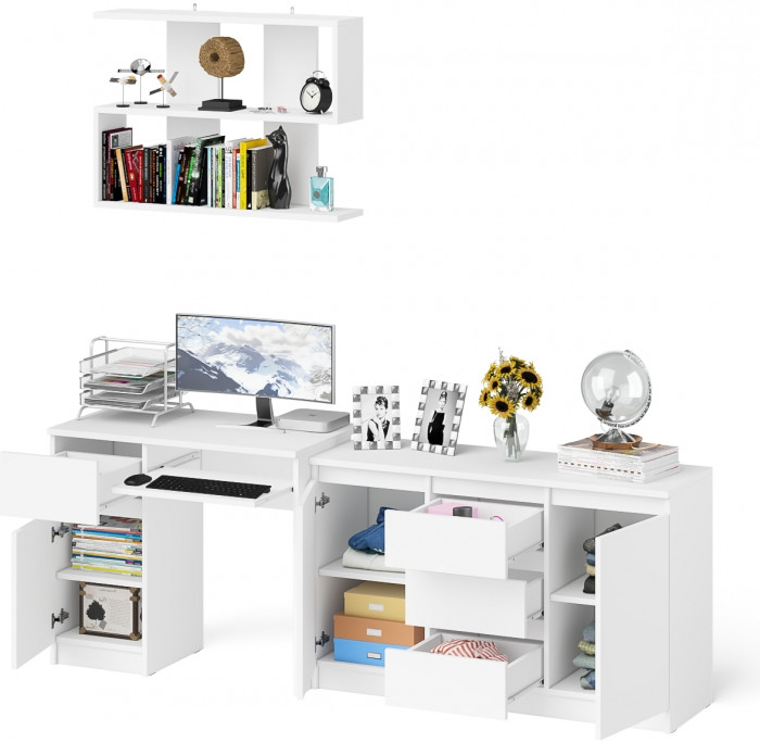 Мори Стол компьютерный МС-1 левый + Комод МК1200.3 + Полка 900, цвет белый, ШхГхВ 210,4х50х209,6 см., НЕ универсальная сборка