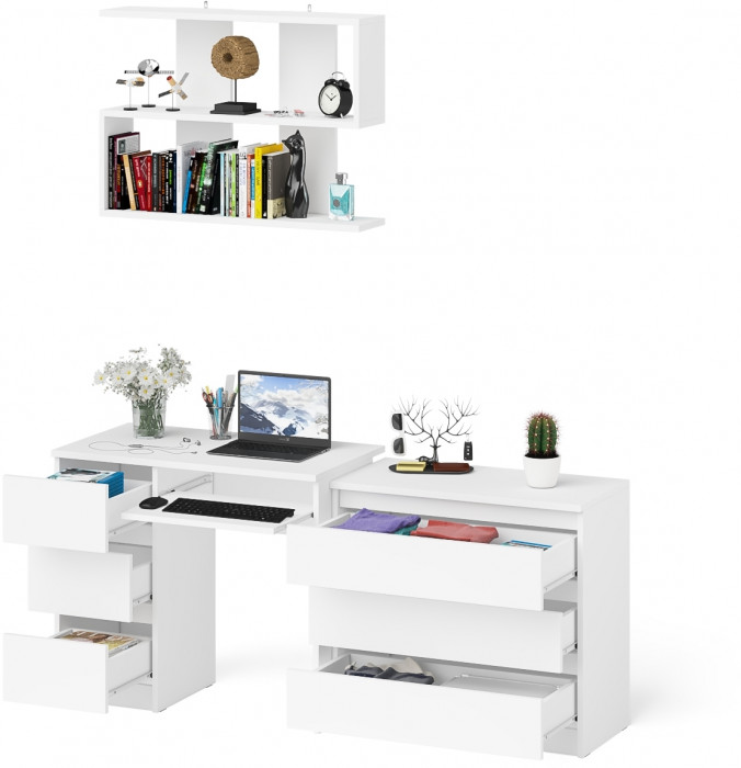 Мори Стол компьютерный МС-6 левый + Комод МК800.1 + Полка 900, цвет белый, ШхГхВ 170,4х50х209,6 см., НЕ универсальная сборка