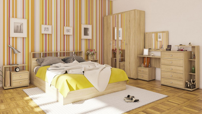 Камелия спальня № 3 Кровать 1600 + Две тумбы + Стол косметич. + Зеркало + Комод + Шкаф 4-х, цвет дуб сонома, сп.м. 1600х2000 мм., б/м, осн. есть