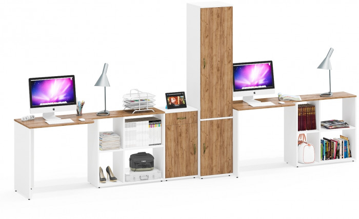 Лидер-8 Стол + Стол + Пенал МД 22Б + Тумба МД 3.15, белый шагрень/крафт золото