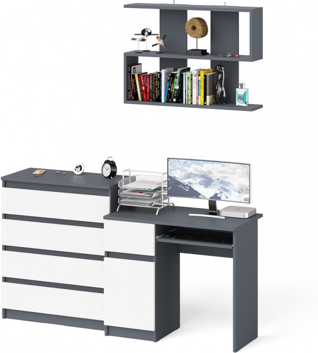 Мори Стол компьютерный МС-1 левый + Комод МК800.4 + Полка 900, цвет графит/белый, ШхГхВ 170,4х50х209,6 см., НЕ универсальная сборка
