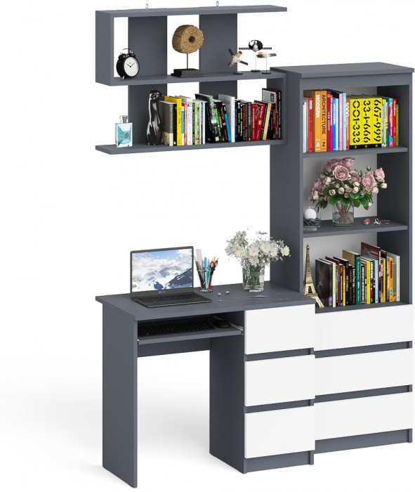 Мори Стол компьютерный МС-6 правый + Стеллаж МСТ600.3 + Полка 900, цвет графит/белый, ШхГхВ 150,4х50х209,6 см., НЕ универсальная сборка