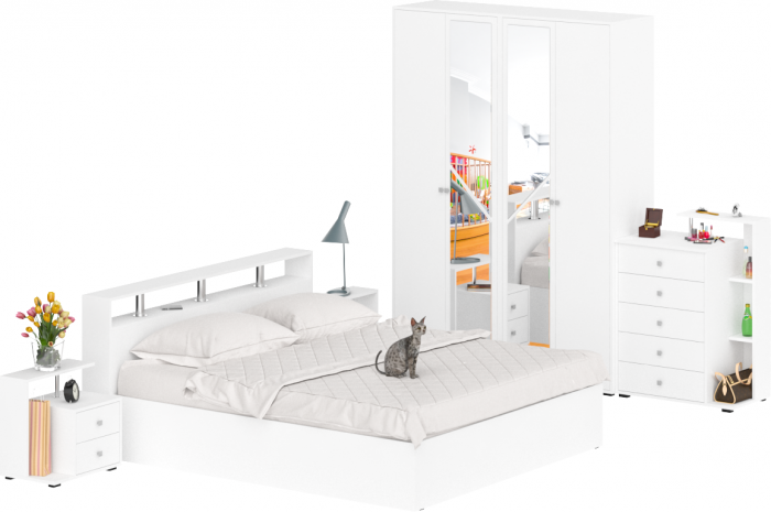 Камелия спальня № 4 Кровать 1800 + Две тумбы + Комод + Шкаф 4-х створчатый, цвет белый, сп.м. 1800х2000 мм., б/м, основание есть