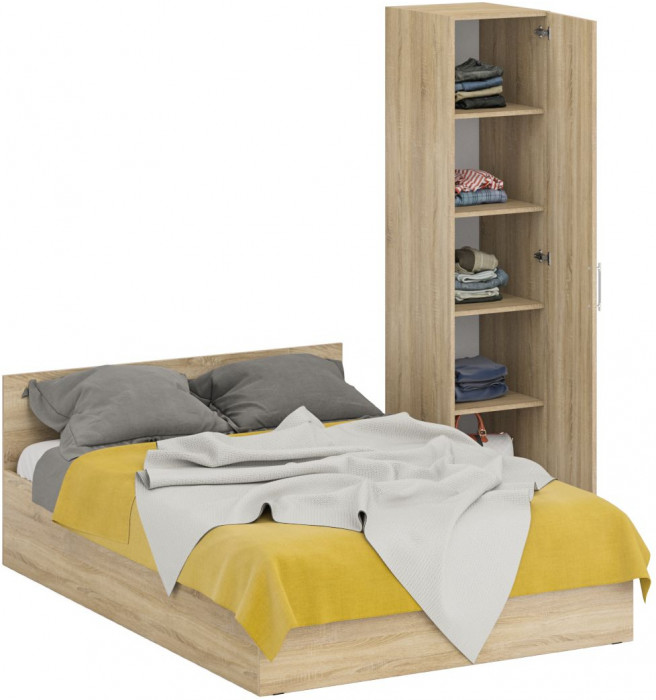 Кровать 1400 + Пенал Стандарт, цвет дуб сонома, ШхГхВ 143,5х203,5х70 + 45х52х200 см., сп.м. 1400х2000 мм., без матраса, основание есть
