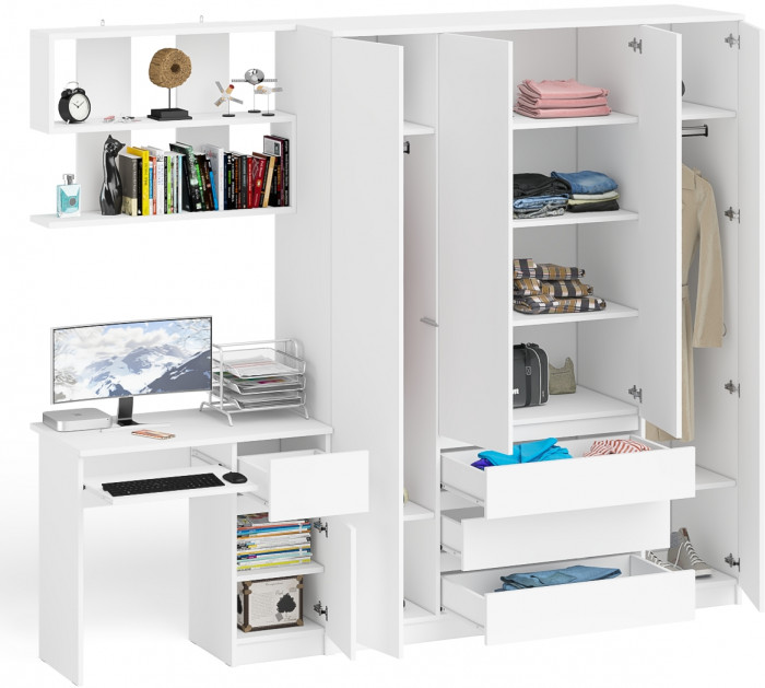 Мори компьютерный стол МС-1 правый + Шкаф МШ1600.1 + Полка 900, белый