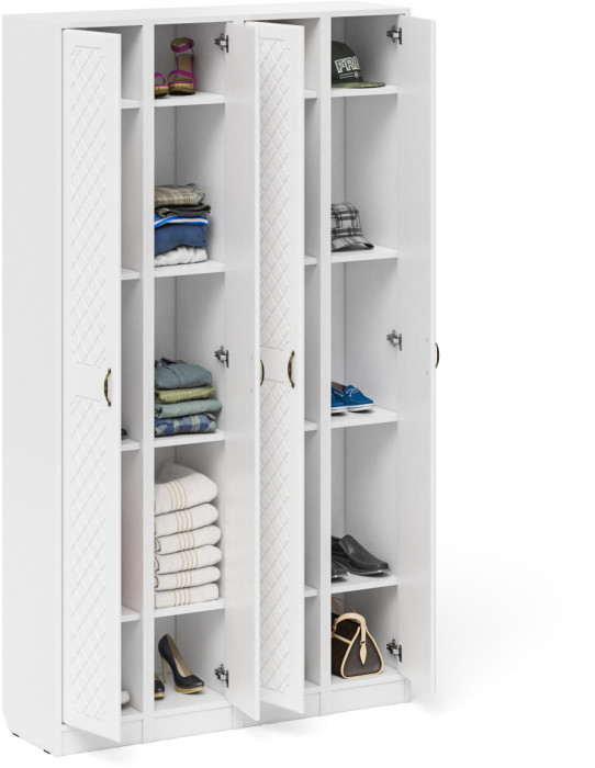 Прихожая П-6 Пенал 4 штуки, цвет белая шагрень/фасады МДФ белое дерево фрезеровка ромб, ШхГхВ 60х35х210 см., универсальная сборка