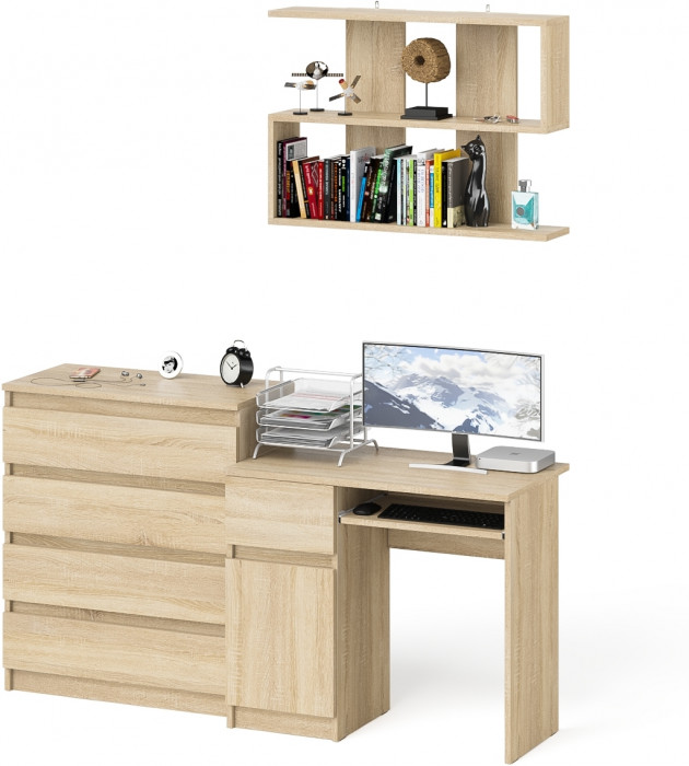 Мори Стол компьютерный МС-1 левый + Комод МК800.4 + Полка 900, цвет дуб сонома, ШхГхВ 170,4х50х209,6 см., НЕ универсальная сборка