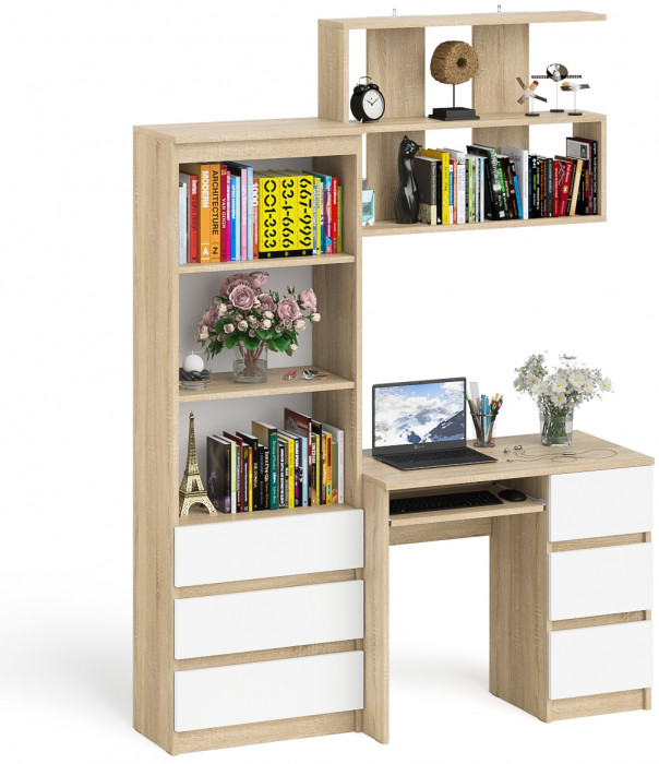 Мори Стол компьютерный МС-6 правый + Стеллаж МСТ600.3 + Полка 900, цвет дуб сонома/белый, ШхГхВ 150,4х50х209,6 см., НЕ универс. сборка