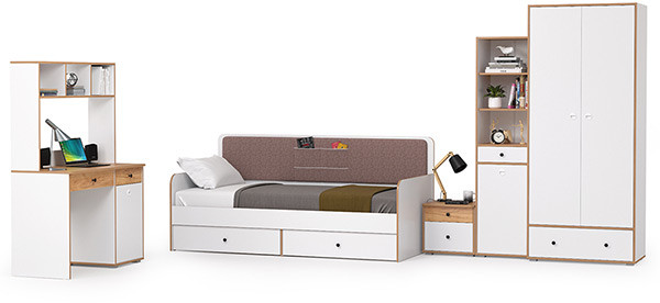 Вуди Компоновка № 39, цвет белый премиум/дуб крафт золотой/саванна латте, сп. м. 900х2000 мм., б/м, основание есть, матрас высотой до 200 мм.