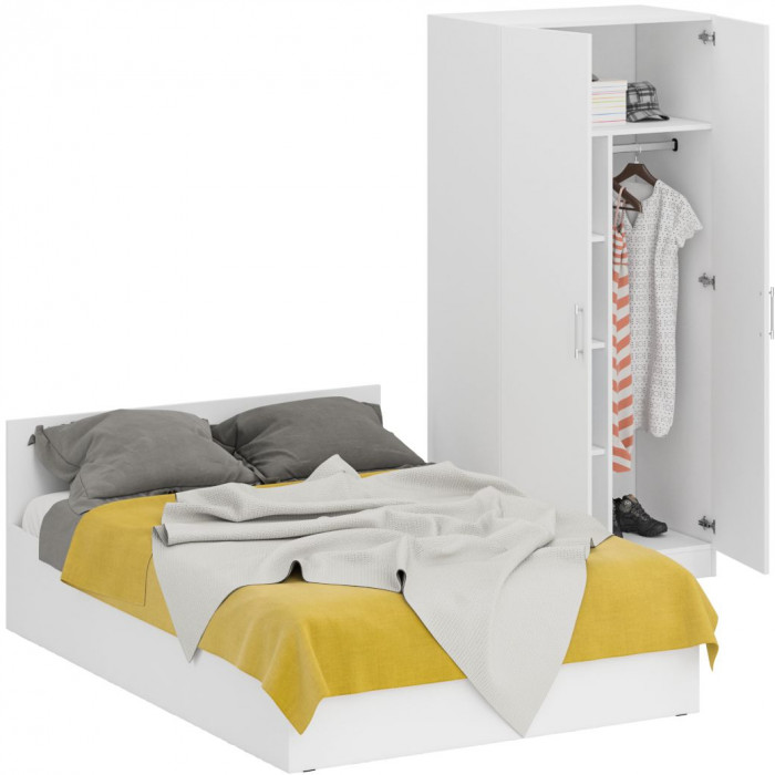 Кровать 1400 + Шкаф 2-х створчатый Стандарт, цвет белый, ШхГхВ 143,5х203,5х70 + 90х52х200 см., сп.м. 1400х2000 мм., без матраса, основание есть