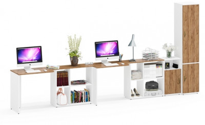 Лидер-8 Стол + Стол + Пенал МД 22Б + Тумба МД 3.19, белый шагрень/крафт золото