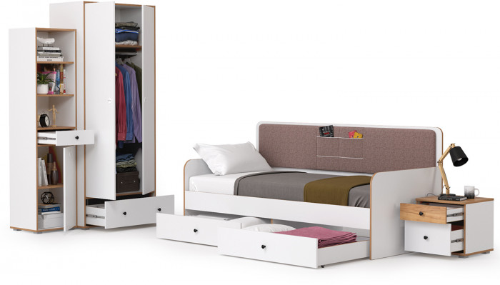 Вуди Компоновка № 40, цвет белый премиум/дуб крафт золотой/саванна латте, сп. м. 900х2000 мм., б/м, основание есть, матрас высотой до 200 мм.